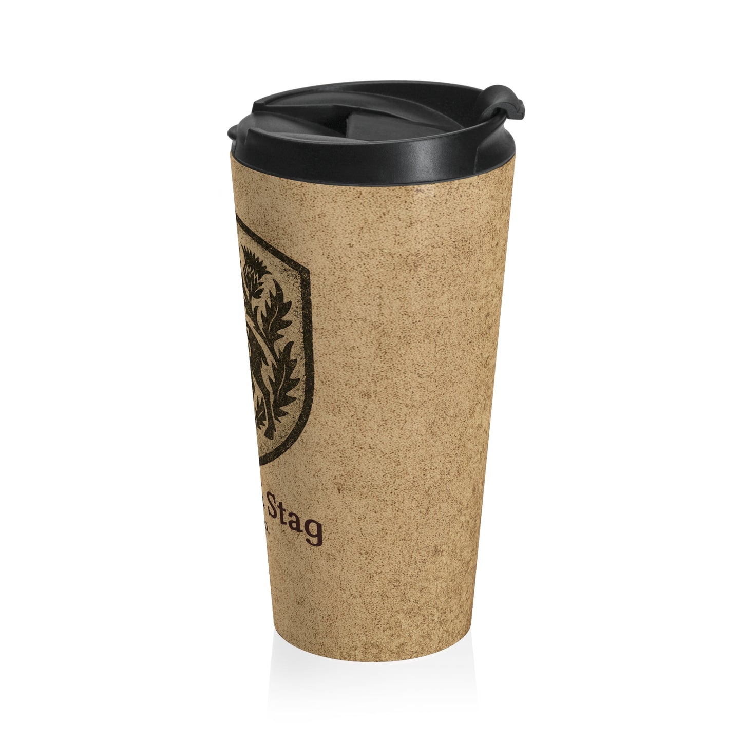 Kraft paper design travel mug with black lid and Thistle & Stag Coffee Co. logo on a white background