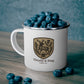 White mug with 'Thistle & Stag Coffee Co.' logo filled with blueberries on a wooden surface.