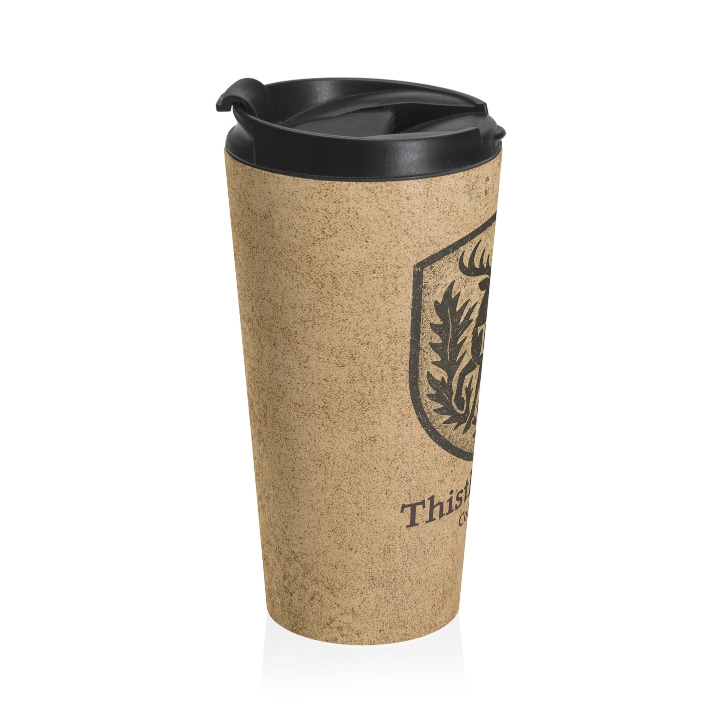 Kraft paper design travel mug with black lid and Thistle & Stag Coffee Co. logo on a white background