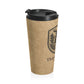 Kraft paper design travel mug with black lid and Thistle & Stag Coffee Co. logo on a white background