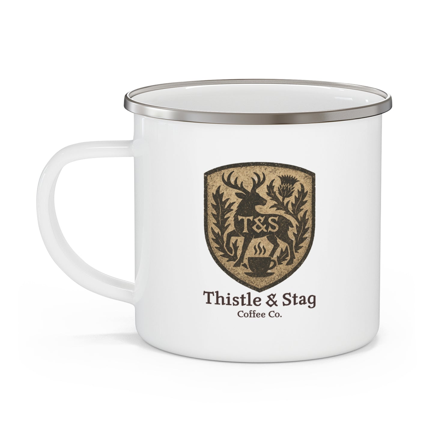White mug with Thistle & Stag Coffee Co. logo on a white background