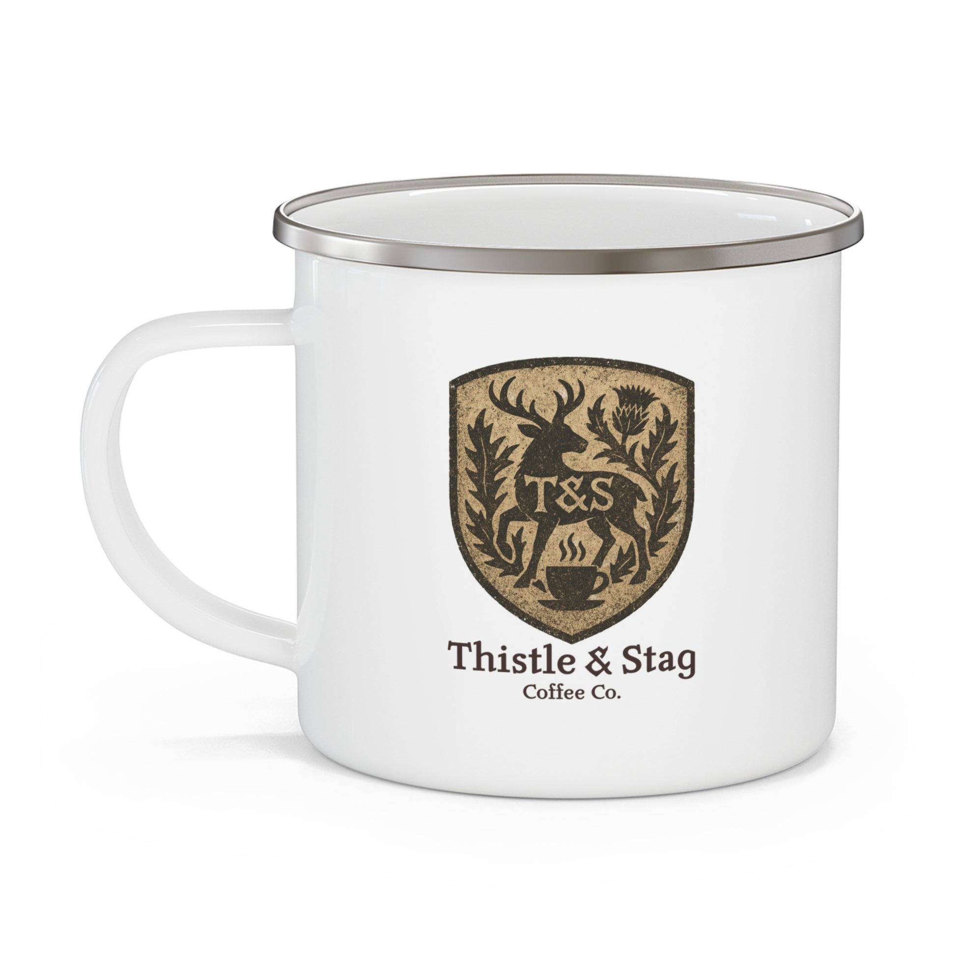 White mug with Thistle & Stag Coffee Co. logo on a white background