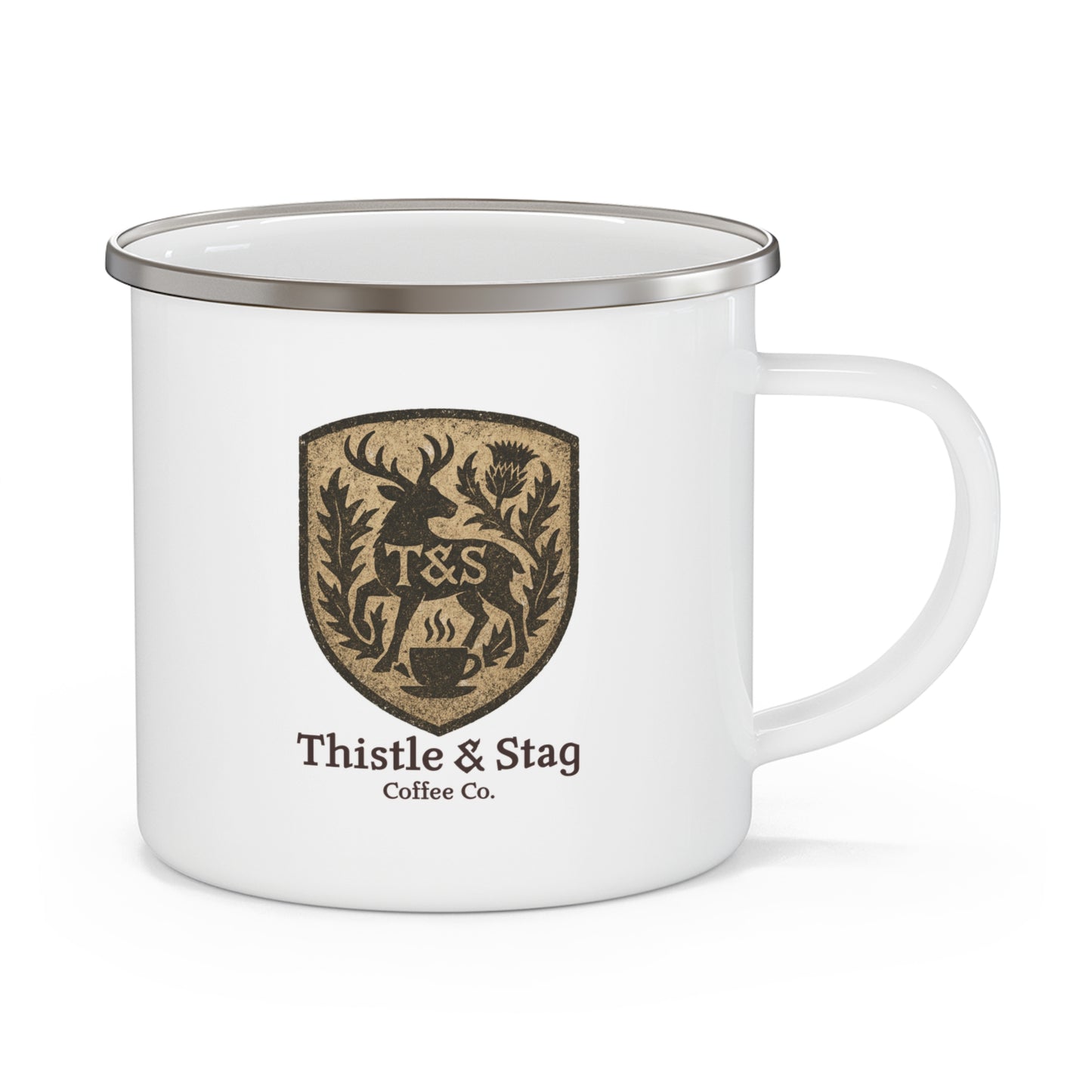 White mug with Thistle & Stag Coffee Co. logo on a white background