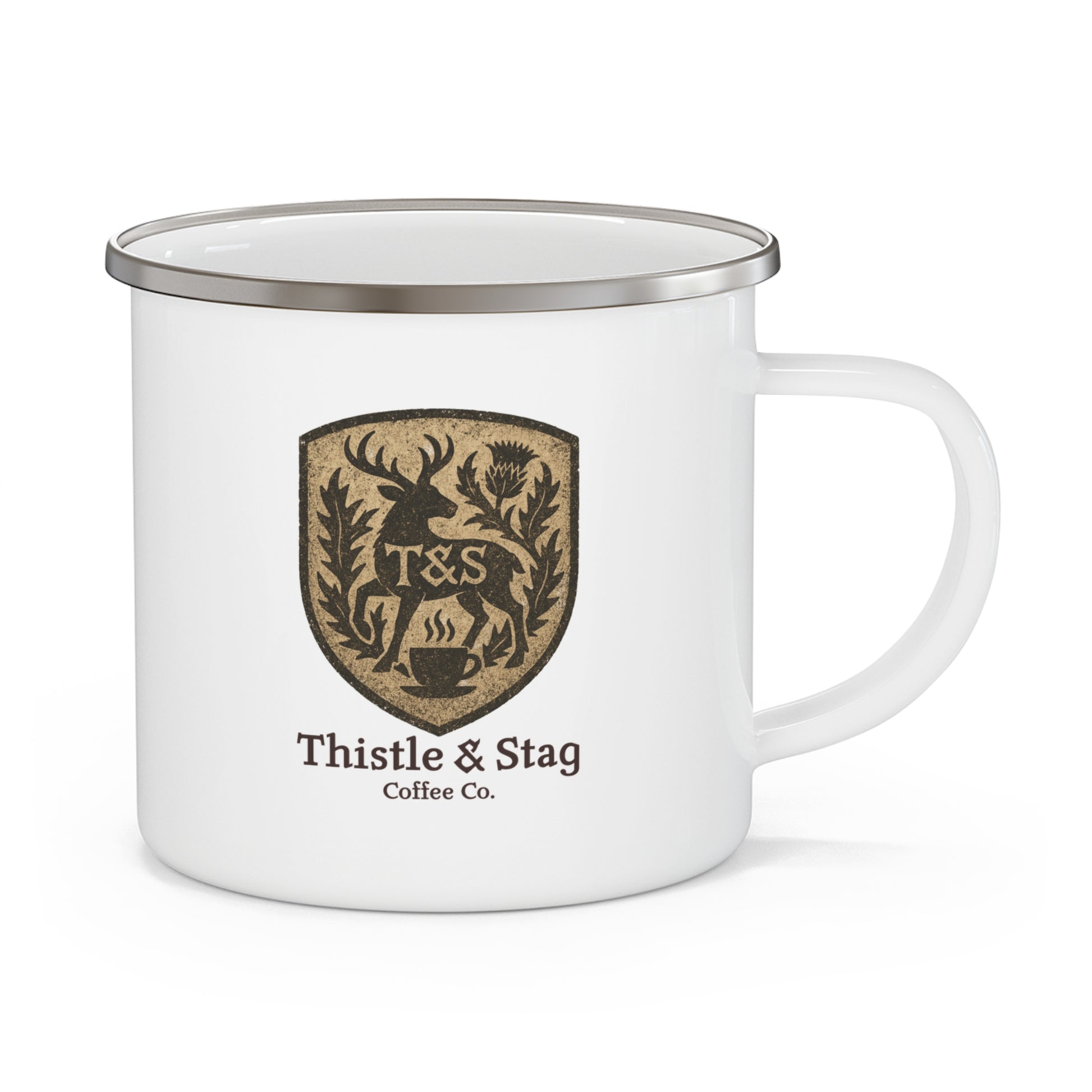 White mug with Thistle & Stag Coffee Co. logo on a white background